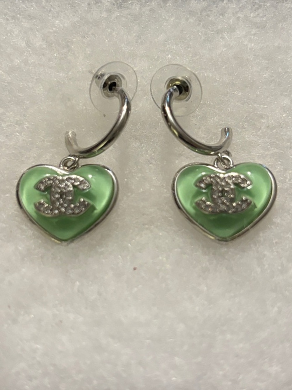 CC Silver Hoops with Light Green Heart